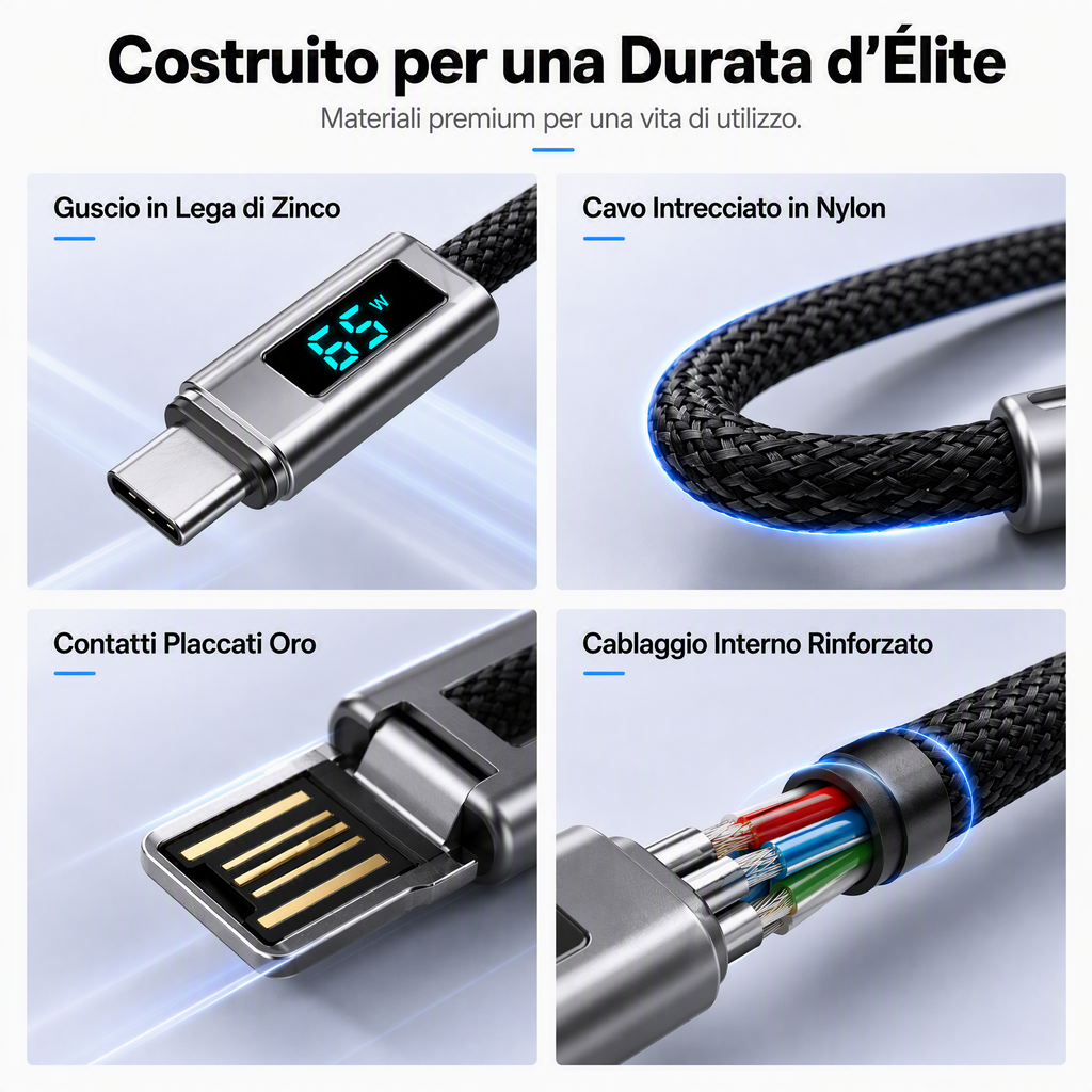 🔌 Cavo di ricarica 4 in 1 con display digitale e portachiavi – Funzione di ricarica rapida, resistente alle piegature e compatto