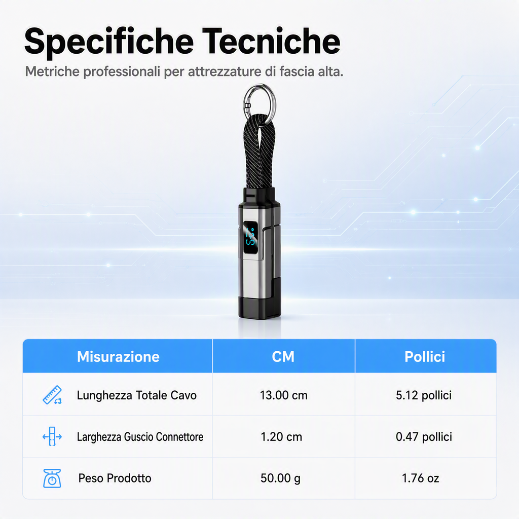 🔌 Cavo di ricarica 4 in 1 con display digitale e portachiavi – Funzione di ricarica rapida, resistente alle piegature e compatto