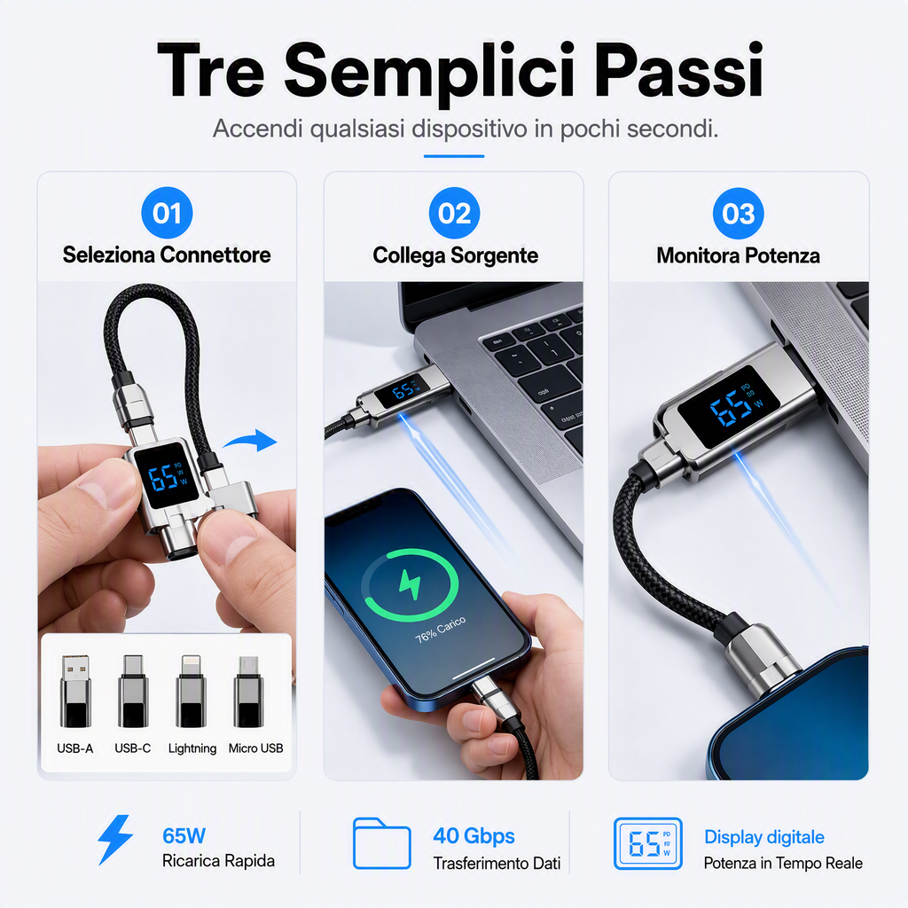 🔌 Cavo di ricarica 4 in 1 con display digitale e portachiavi – Funzione di ricarica rapida, resistente alle piegature e compatto