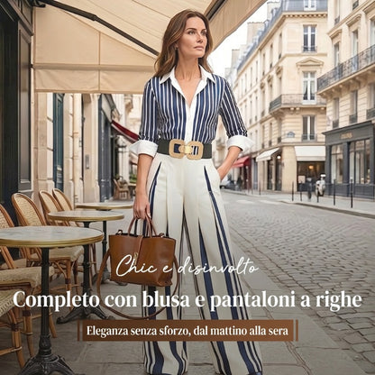 🟥SALDI ESTIVI🟥💞OLTRE 50.000 PEZZI VENDUTI!💥50% DI SCONTO! 🔥 Completo da donna 2 pezzi: camicia a righe e pantaloni a gamba larga