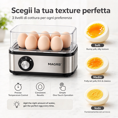🥚 Cuociuova Elettrico Multifunzione in Acciaio Inox (8 Uova) | 3 Livelli di Cottura, Uova in Camicia e Omelette | Coperchio Trasparente e Spegnimento Automatico 200W 🍳