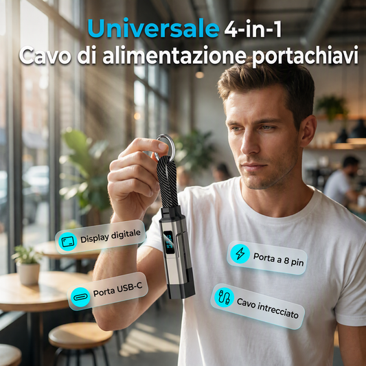 🔌 Cavo di ricarica 4 in 1 con display digitale e portachiavi – Funzione di ricarica rapida, resistente alle piegature e compatto
