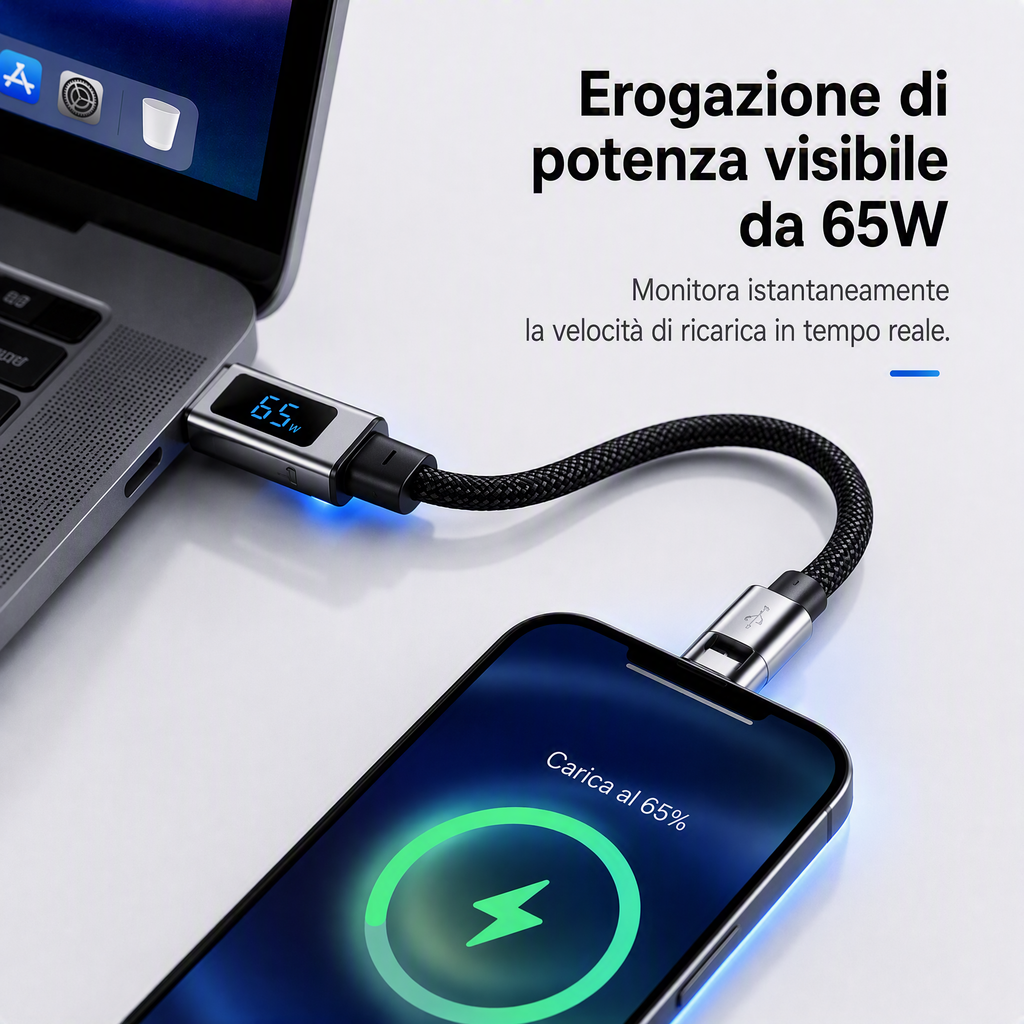 🔌 Cavo di ricarica 4 in 1 con display digitale e portachiavi – Funzione di ricarica rapida, resistente alle piegature e compatto