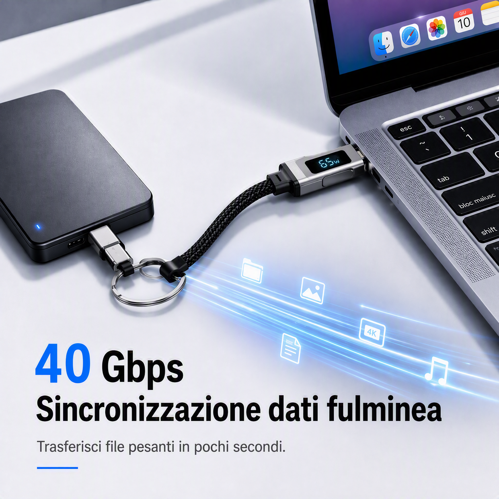 🔌 Cavo di ricarica 4 in 1 con display digitale e portachiavi – Funzione di ricarica rapida, resistente alle piegature e compatto