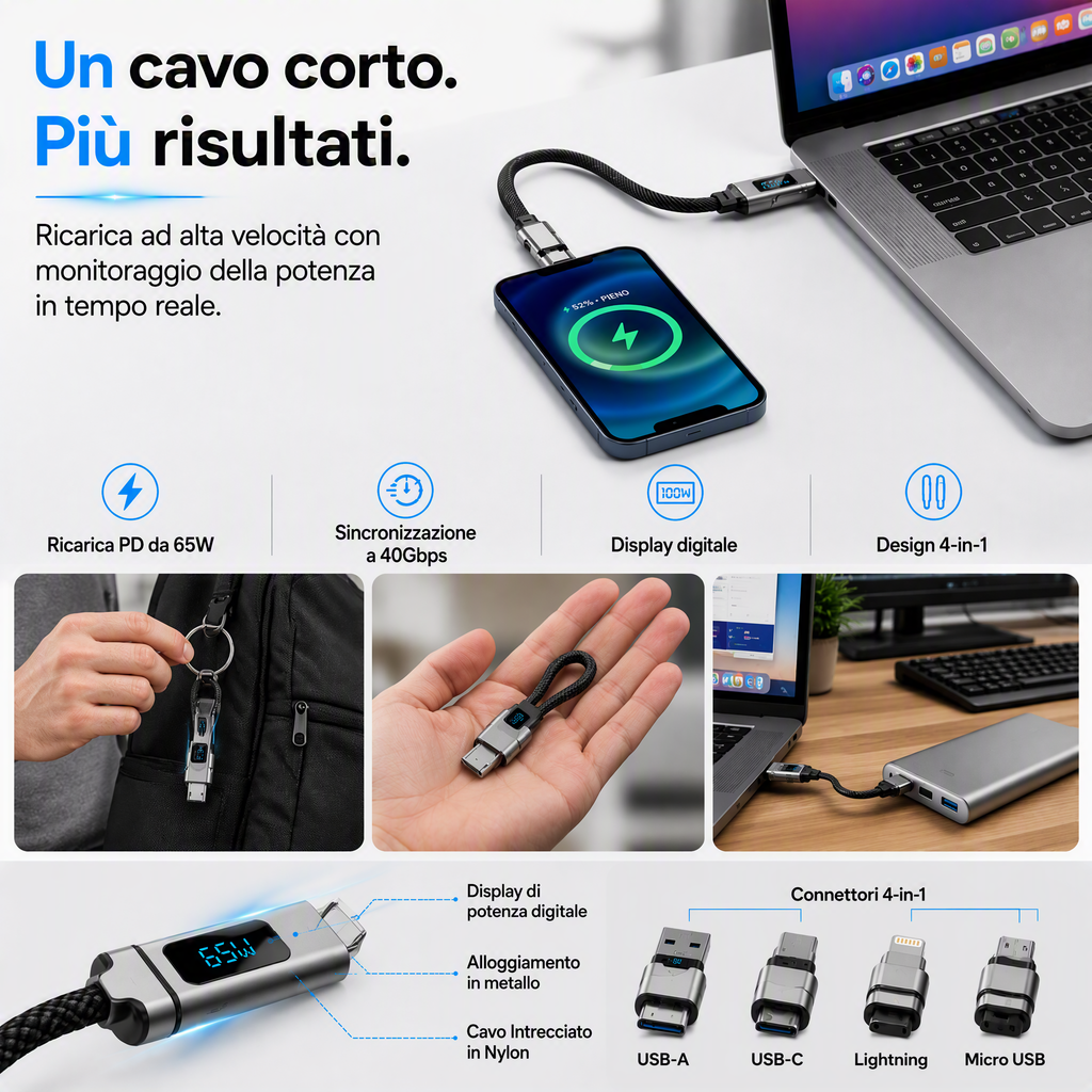 🔌 Cavo di ricarica 4 in 1 con display digitale e portachiavi – Funzione di ricarica rapida, resistente alle piegature e compatto