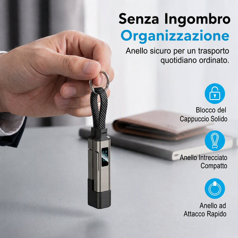 🔌 Cavo di ricarica 4 in 1 con display digitale e portachiavi – Funzione di ricarica rapida, resistente alle piegature e compatto