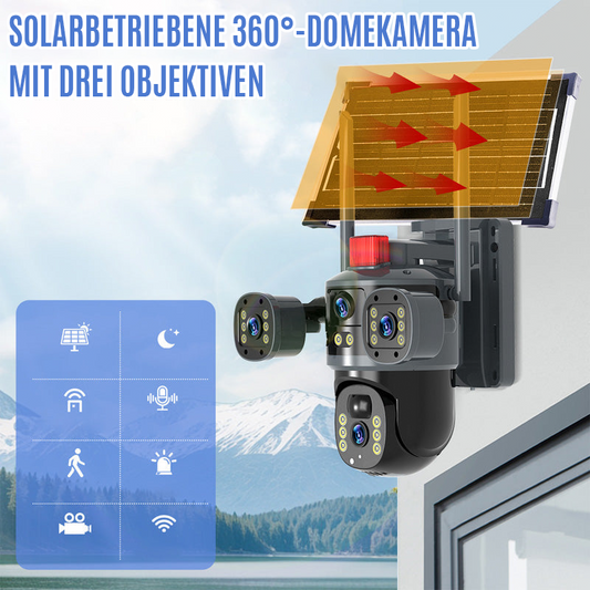 🎥 Solar-Domekamera mit drei Objektiven und 360° Rundumsicht ✈️ Kostenloser Versand