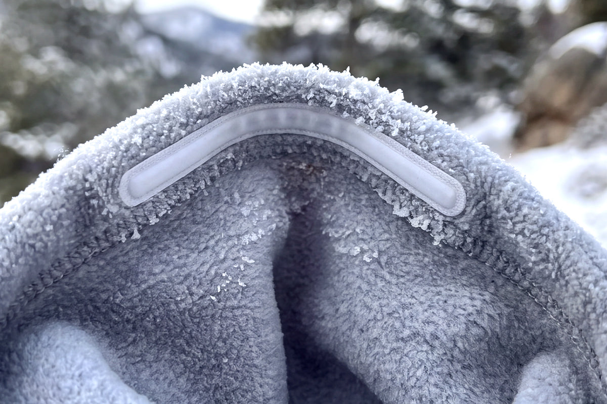 Close-up of the moldable nose strip inside the fleece balaclava