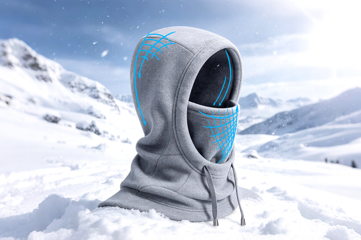 Contoured gray balaclava showing its shaped head and face coverage