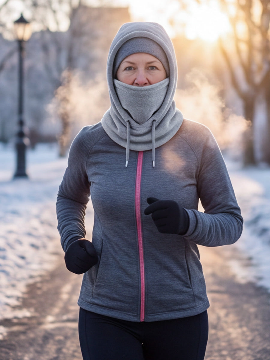 Runner wearing warm head and neck coverage