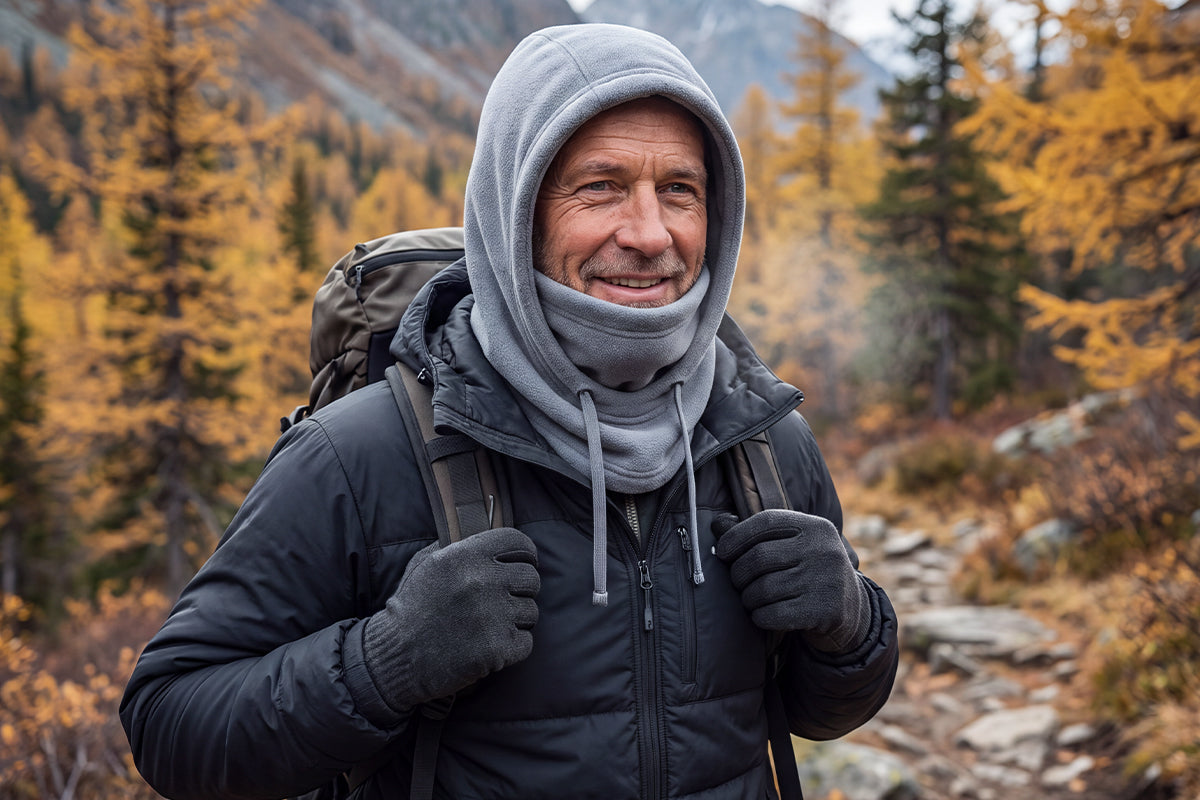 Hiker wearing a gray fleece balaclava on a mountain trail