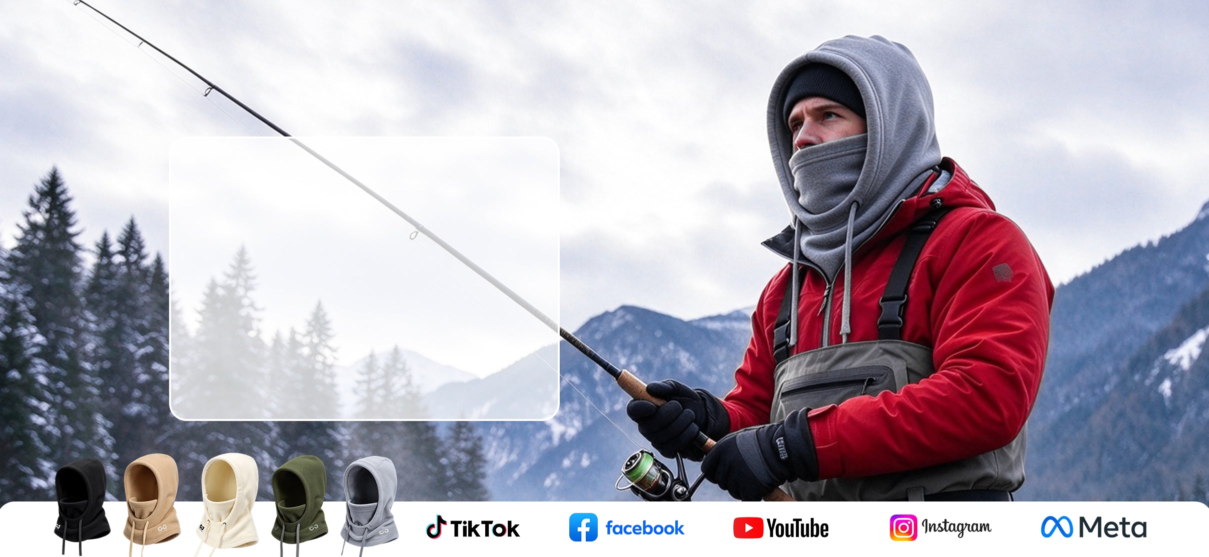 Fisherman wearing a gray thermal balaclava in a snowy mountain setting