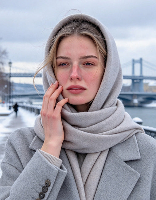 Woman with cheeks exposed to cold winter air