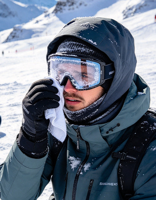 Skier wiping fogged goggles