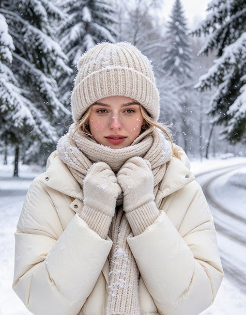 Woman wrapped in a scarf in snowy weather