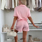Unifarbenes Damen-Reversoberteil & Taschenshorts 2-PCS-Set