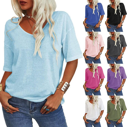 ⏳Begrenzte Zeit 50% Rabatt🔥Unifarbenes Damen-T-Shirt mit V-Ausschnitt