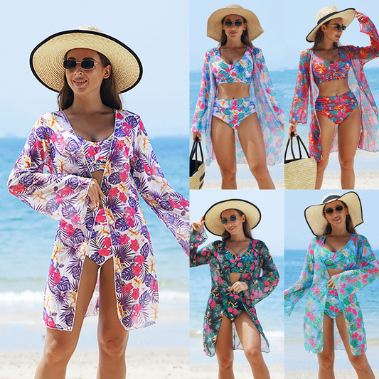 🌊🐚🌴Blühender Zauber des Sommers - Dreiteiliger Bikini-Badeanzug aus Mesh für Damen