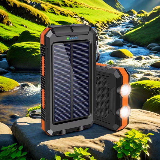 Power bank solare portatile con doppia torcia LED, caricabatterie solare ideale per viaggi e campeggio